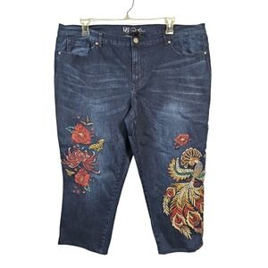 Diane Gilman DG2 Jeans Embroidered Peacock Floral Capri Boho Women 22PW*